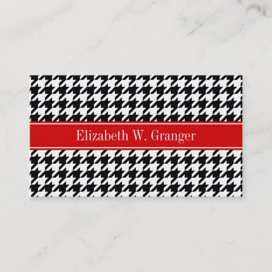 Zwart Wit Houndstooth Rood Naam Initialen Visitekaartje (Voorkant)