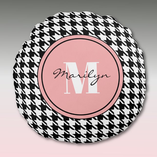 Zwart & Wit Houndstooth Roze Accent Rond Kussen (Creator heeft geüpload)