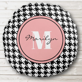 Zwart & Wit Houndstooth Roze Accent Rond Kussen