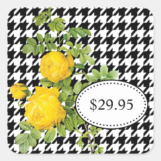 Zwart-wit Houndstooth Yellow Rose Prijs Labels (Voorkant)
