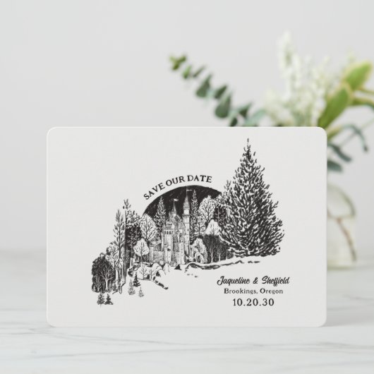 Zwart & wit houtskool kasteel in het bos Retro Save The Date (Staand voorkant)