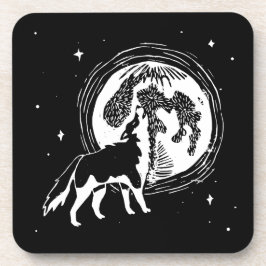 Zwart-wit Howling Husky Moon Linocut Bier Onderzetter