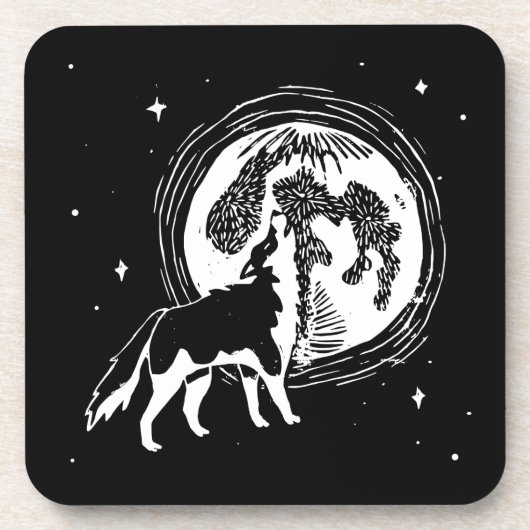 Zwart-wit Howling Husky Moon Linocut Bier Onderzetter (Voorkant)