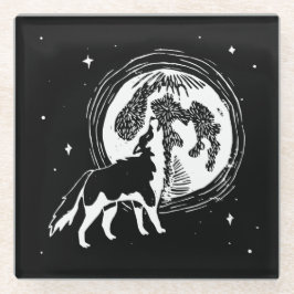 Zwart-wit Howling Husky Moon Linocut Glazen Onderzetter