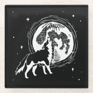 Zwart-wit Howling Husky Moon Linocut Glazen Onderzetter