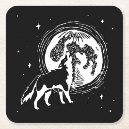 Zwart-wit Howling Husky Moon Linocut Kartonnen Onderzetters