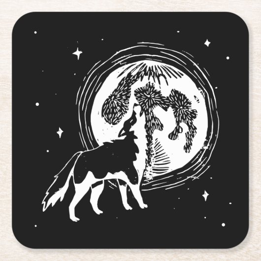 Zwart-wit Howling Husky Moon Linocut Kartonnen Onderzetters (Voorkant)