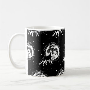 Zwart & Wit Howling Husky Moon Linocut Patroon Koffiemok