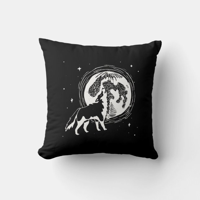 Zwart & Wit Howling Husky Moon Linocut Patroon Kussen (Voorkant)