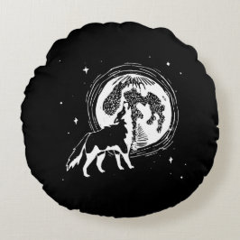 Zwart & Wit Howling Husky Moon Linocut Patroon Rond Kussen