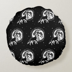 Zwart & Wit Howling Husky Moon Linocut Patroon Rond Kussen