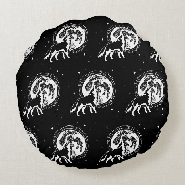 Zwart & Wit Howling Husky Moon Linocut Patroon Rond Kussen (Achterkant)