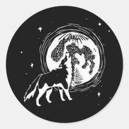 Zwart-wit Howling Husky Moon Linocut Ronde Sticker