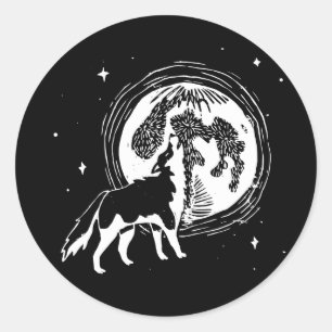 Zwart-wit Howling Husky Moon Linocut Ronde Sticker