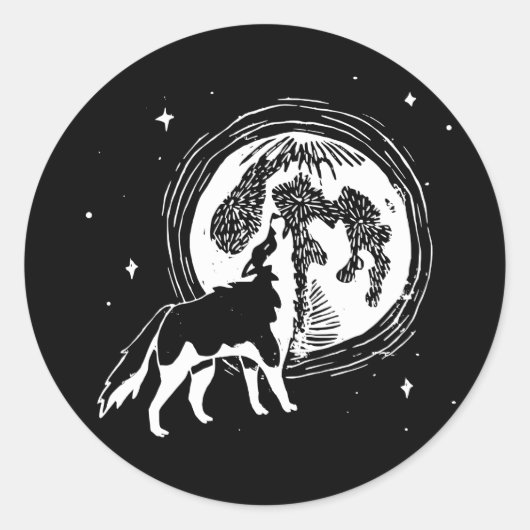 Zwart-wit Howling Husky Moon Linocut Ronde Sticker (Voorkant)