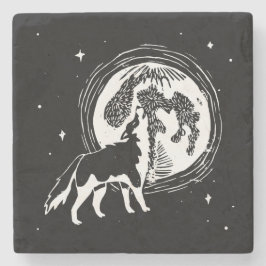 Zwart-wit Howling Husky Moon Linocut Stenen Onderzetter