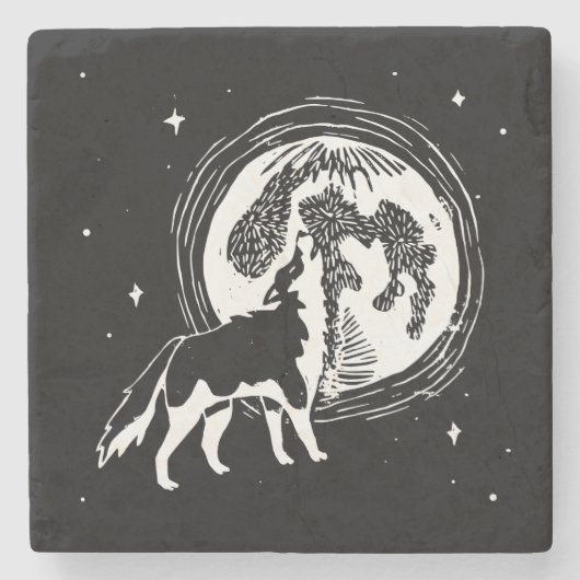 Zwart-wit Howling Husky Moon Linocut Stenen Onderzetter (Voorkant)