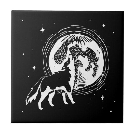 Zwart-wit Howling Husky Moon Linocut Tegeltje (Voorkant)