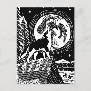 Zwart & wit huilende husky 's nachts Linocut Briefkaart