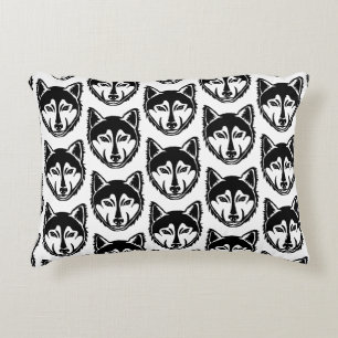 Zwart-wit Husky Portret Lino Cut Pattern Accent Kussen