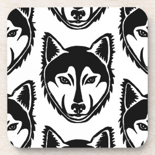 Zwart-wit Husky Portret Lino Cut Pattern Bier Onderzetter