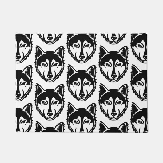 Zwart-wit Husky Portret Lino Cut Pattern Deurmat (Voorkant)