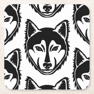 Zwart-wit Husky Portret Lino Cut Pattern Kartonnen Onderzetters