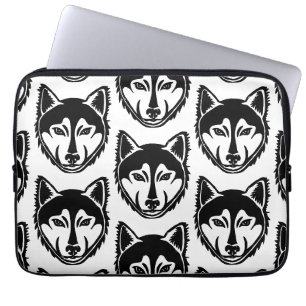 Zwart-wit Husky Portret Lino Cut Pattern Laptop Sleeve