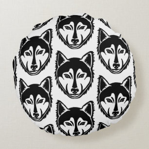 Zwart-wit Husky Portret Lino Cut Pattern Rond Kussen