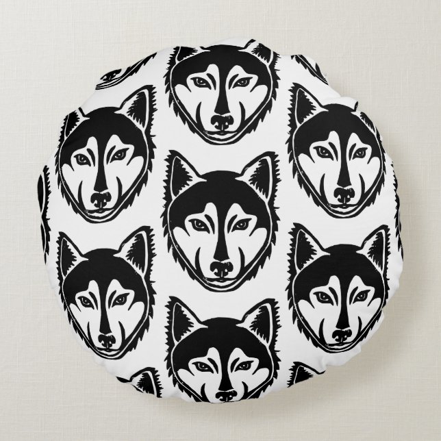Zwart-wit Husky Portret Lino Cut Pattern Rond Kussen (Achterkant)