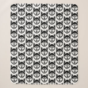 Zwart-wit Husky Portret Lino Cut Pattern Sherpa Deken