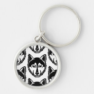 Zwart-wit Husky Portret Lino Cut Pattern Sleutelhanger