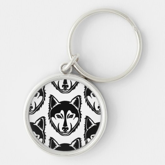 Zwart-wit Husky Portret Lino Cut Pattern Sleutelhanger (Voorkant)