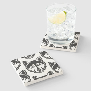 Zwart-wit Husky Portret Lino Cut Pattern Stenen Onderzetter