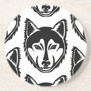 Zwart-wit Husky Portret Lino Cut Pattern Zandsteen Onderzetter