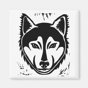 Zwart-wit Husky Portret Lino Cut Print Magneet