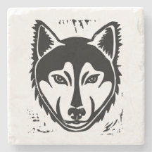 Zwart-wit Husky Portret Lino Cut Print