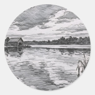 Zwart-wit hut bij het meer ronde sticker