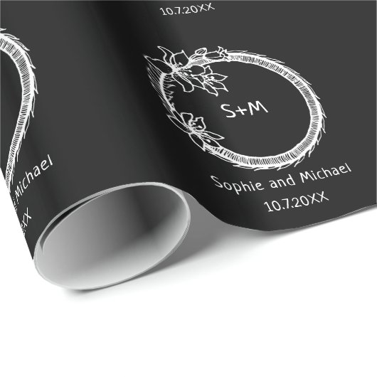 Zwart Wit Huwelijk Monogram Cadeaupapier (Rol Hoek)