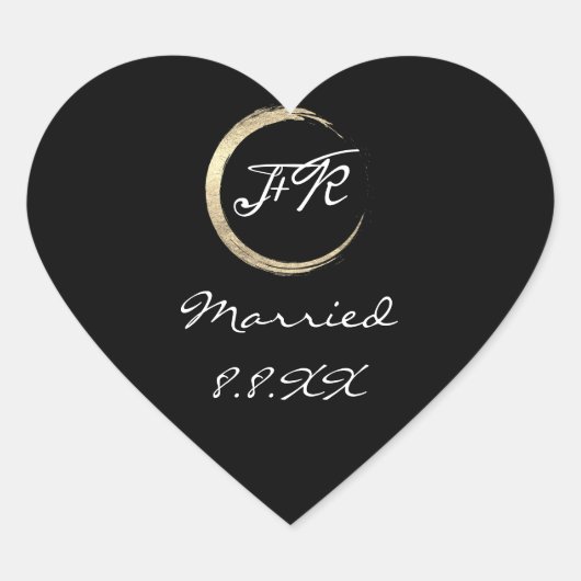 Zwart Wit Huwelijk Monogram Goud Opslaan De Datum Hart Sticker (Voorkant)