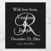 Zwart Wit Huwelijk Zilver Monogram Wijn Etiket (Enkel label)