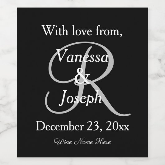 Zwart Wit Huwelijk Zilver Monogram Wijn Etiket (Enkel label)