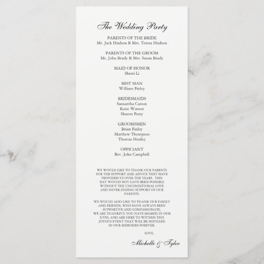 Zwart-wit huwelijksprogramma programmakaart (Achterkant)