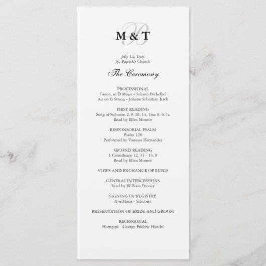 Zwart-wit huwelijksprogramma programmakaart (Voorkant)