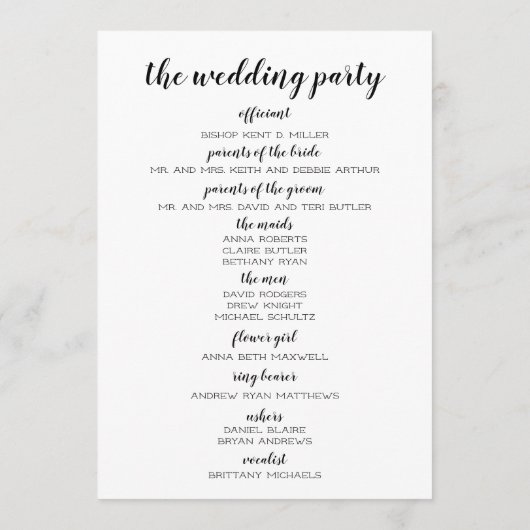 Zwart-wit huwelijksprogramma programmakaart (Achterkant)