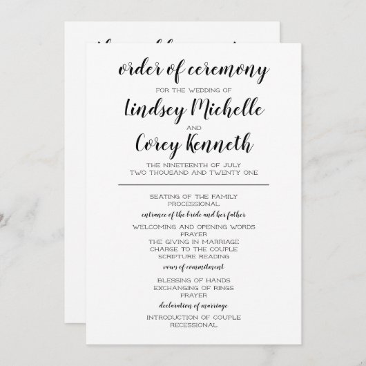 Zwart-wit huwelijksprogramma programmakaart (Voorkant / Achterkant)