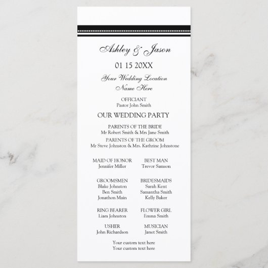 Zwart-wit huwelijksprogramma programmakaart (Achterkant)