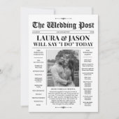 Zwart Wit Huwelijksprogramma + Tijdlijn Krant Feestdagenkaart (Voorkant)