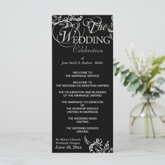 Zwart-wit huwelijksprogramma's programmakaart (Staand voorkant)