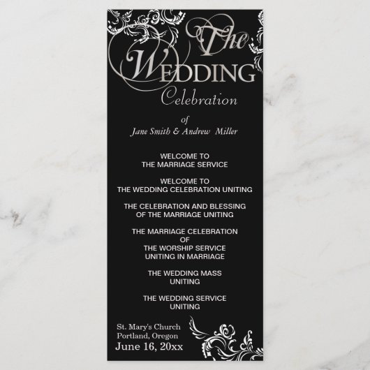 Zwart-wit huwelijksprogramma's programmakaart (Voorkant)